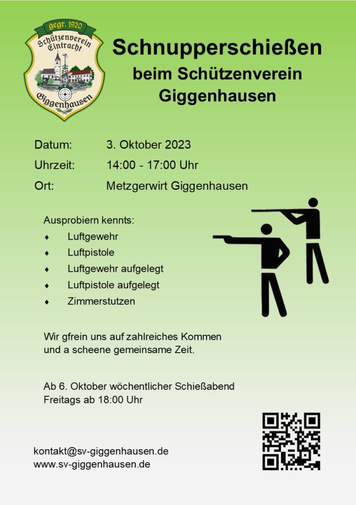 Schnupperschießen, Probeschießen, Tag der offenen Tür, Tag des offenen Schießstands, beim Schützenverein Giggenhausen, 3. Oktober 2023, 14:00 - 17:00 Uhr, Metzgerwirt Giggenhausen